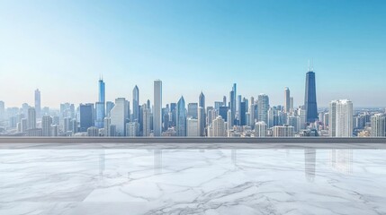 Modern City Skyline View with Clear Sky and Marble Floor