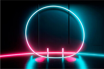 Abstract background, neon circle near the wall with a gradient glow with reflection in two planes and additional lighting on the floor