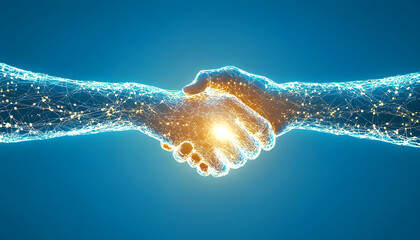 Digital handshake symbolizing collaboration in technology futuristic environment graphic design close-up perspective innovation