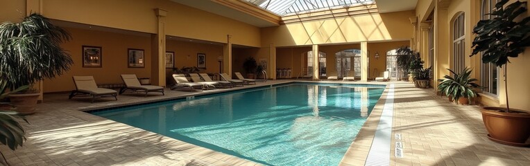 Fototapeta premium Luxurious Indoor Swimming Pool Area with Lounge Chairs and Elegant Lighting