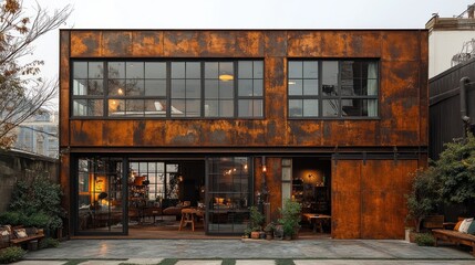Rustic modern home with corten steel exterior, large windows, and open-plan interior.