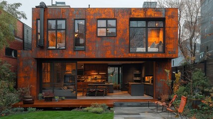 Modern house with rusted metal exterior, open kitchen, and wooden deck.