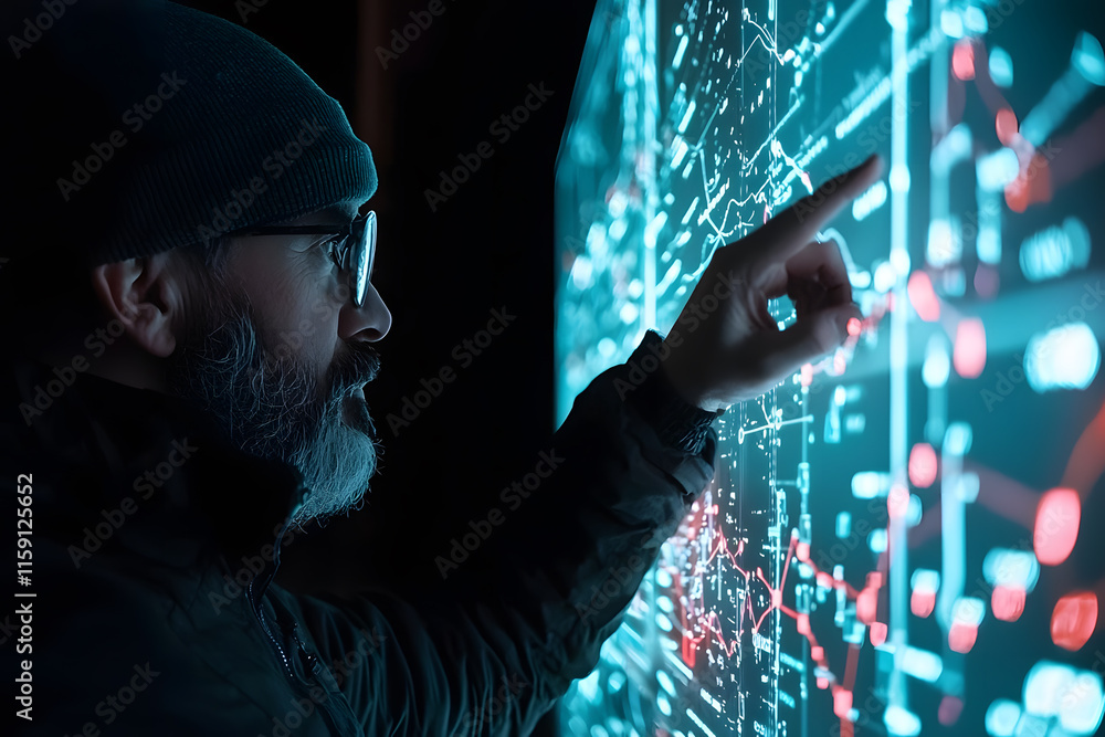 Poster data visualization expert analyzing complex networks in a dark room with futuristic technology