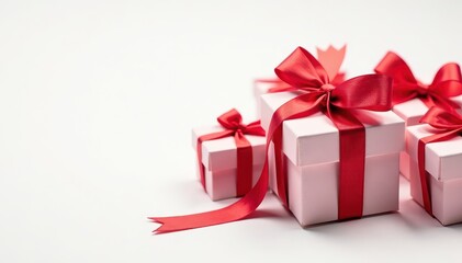 Red ribbons adorning multiple gifts, white backdrop, texture, happy