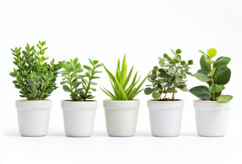 Various indoor plants in white pots arranged in a line on a clean background