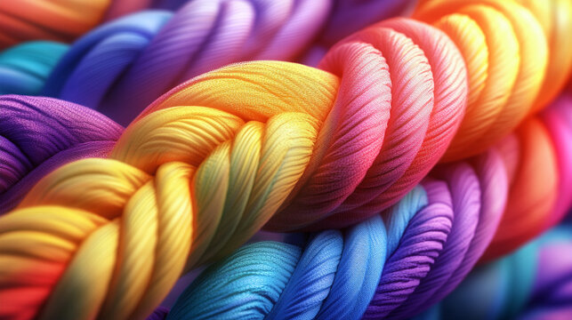 Rainbow colored textile threads macro photography showing spiral pattern