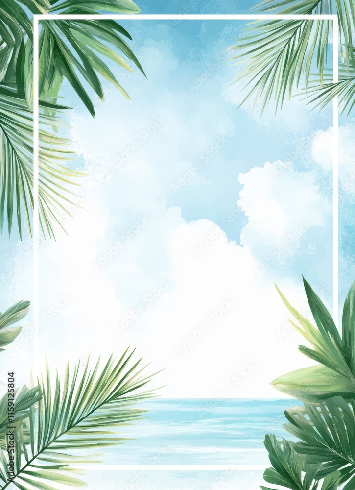 Poster serene tropical background with lush green leaves framing a bright sky and calm ocean for relaxing a