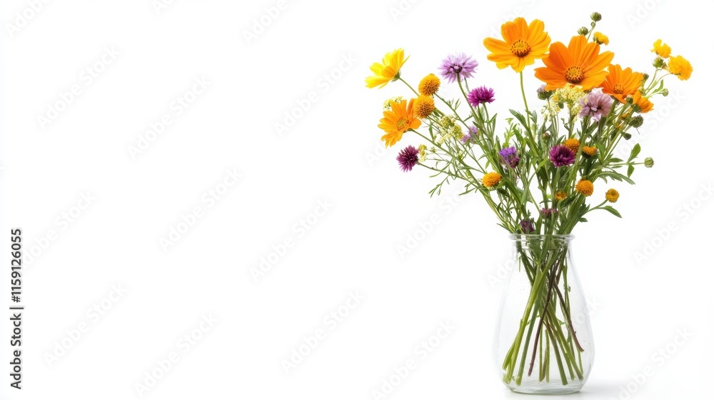 Poster Wildflowers in a clear glass vase with ample space for text and design elements. Generative AI