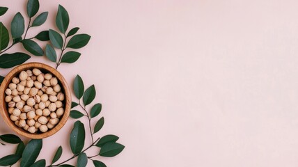 Top view of pistachios in a wooden bowl surrounded by green leaves, placed on a light pink background