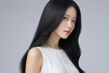 Fototapeta premium araffe woman with long black hair wearing a white dress