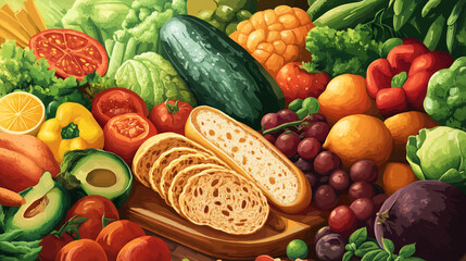Fresh produce assortment with sliced bread on a wooden platter in daylight. 