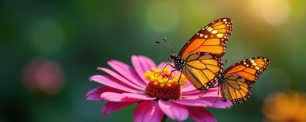 Two butterflies resting on a single colorful flower petal, showcasing delicate wings , Nature, Close-up