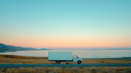 White delivery truck on coastal road at sunset.