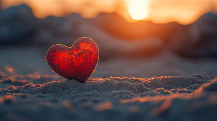 Fototapeta premium Heart-shaped decoration on sandy beach during sunset for Valentine's Day celebration. 