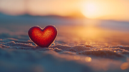 Fototapeta premium Romantic heart shape on sandy beach during sunset for Valentine's Day celebration. 