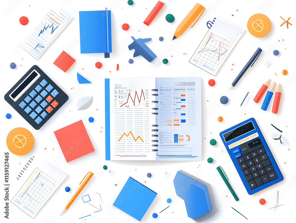 Poster analyzing business data with charts and calculators office desk digital content organized workspace 