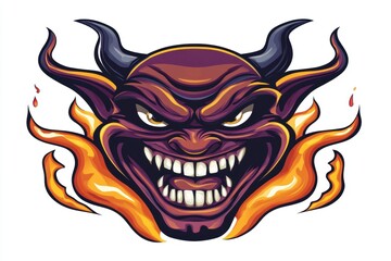 Fototapeta premium A fierce, stylized demon face with horns and flames, conveying a sense of menace.