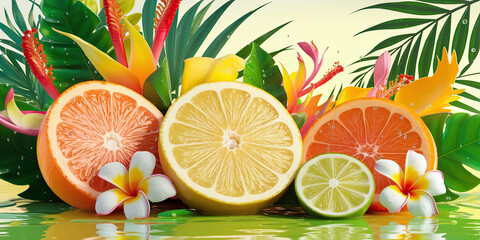 Juicy Citrus Fruits Tropical Flowers Summer Background