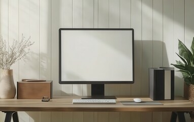 Fototapeta premium Blank white poster framed in dark brown, placed on a simple yet elegant desk with a monitor, mouse, and desk organizer