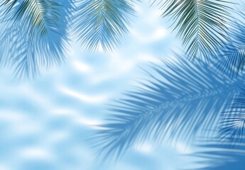 Serene Tropical Scene with Gentle Water Ripples and Palm Fronds Casting Shadows Against a Bright Blue Sky, Evoking Relaxation and Calmness in Nature
