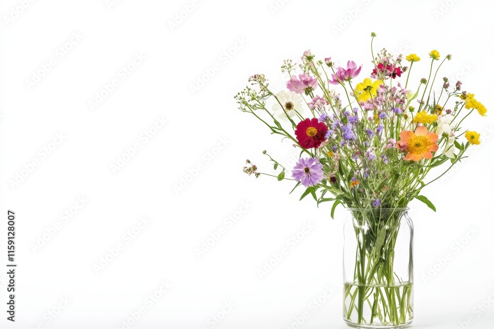 Poster Bright wildflowers arranged in a clear glass vase against a white backdrop with ample space for text or design elements. Generative AI