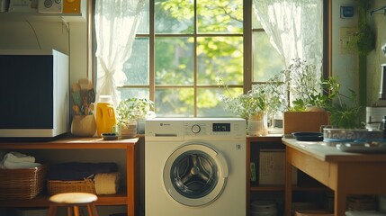 Laundry Room with Modern Top-Load Washing Machine, Minimal and Functional Design