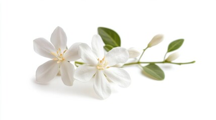 A detailed view of a delicate white jasmine flower with its tiny petals, isolated white background, minimalistic art style