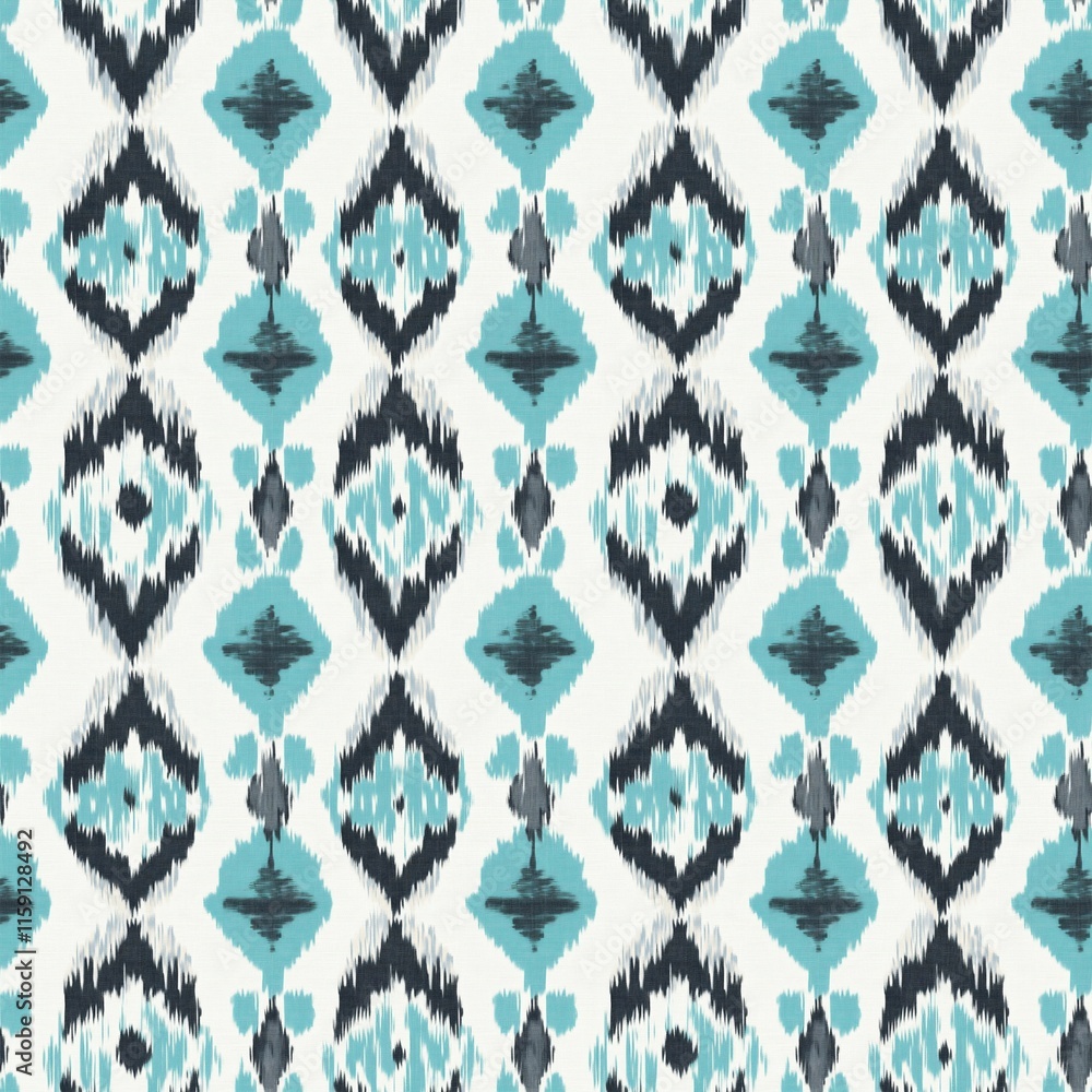 Poster ikat pattern: a vibrant ikat pattern in a soft teal and grey color palette. the pattern is a repeati