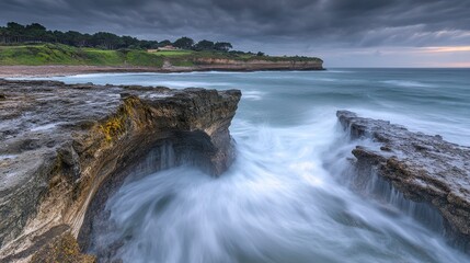 Gloomy Coastal View of Rocky Shoreline with Swirling Waves