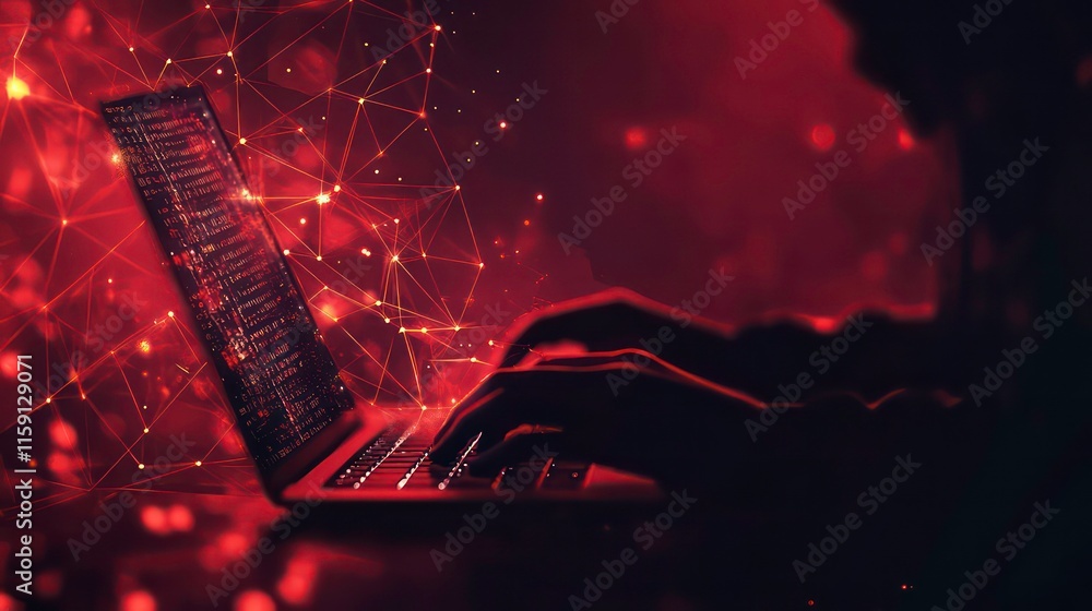 Poster silhouette of hacker coding on laptop with red digital network overlay.