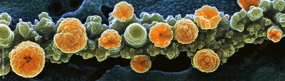 Poster a vibrant micrograph showcasing clusters of orange and green spherical structures, likely representi