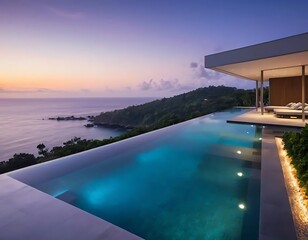 Fototapeta premium Modern Infinity Pool Overlooking Ocean Sunset