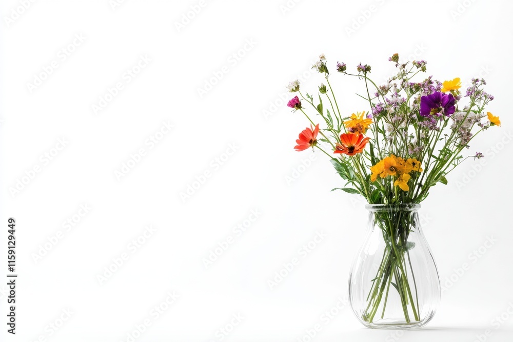 Aufkleber minimalist still life featuring wildflowers in a clear glass vase with ample space for text and crea