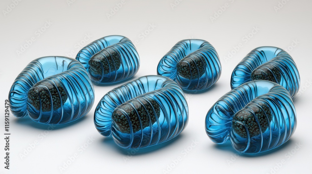 Poster a collection of translucent blue objects with intricate patterns, resembling organic forms, arranged