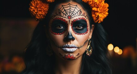 Young hispanic woman with day of the dead face paint and marigold flowers