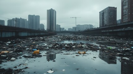 Gloomy Urban Landscape with Accumulated Waste