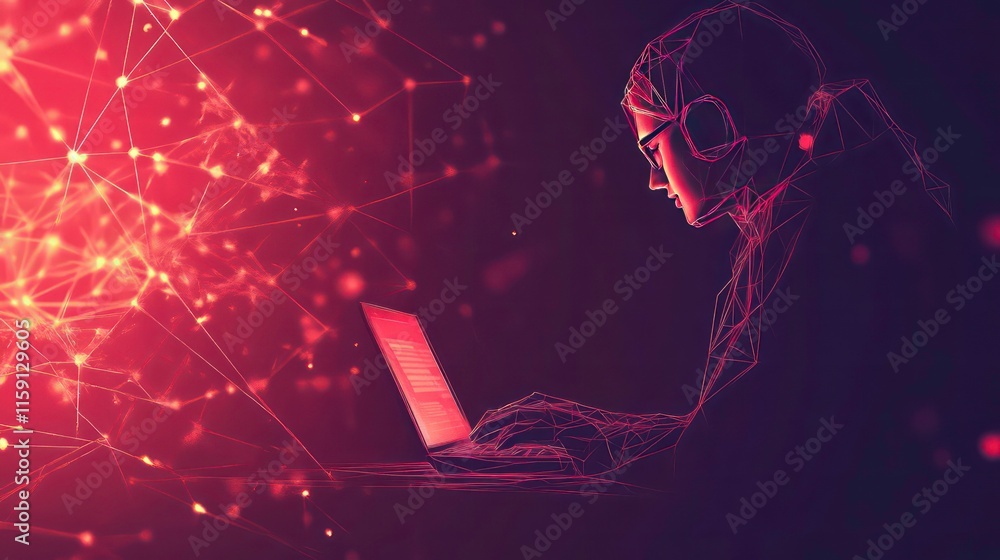 Aufkleber abstract polygonal image of a person using a laptop computer in a dark, red-hued setting, symbolizin
