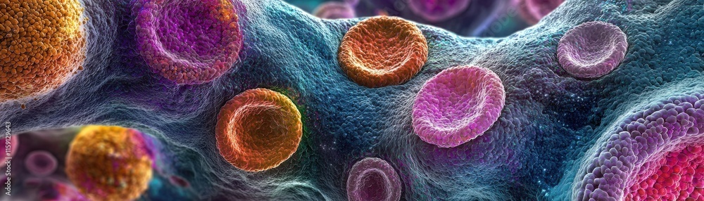 Poster a vibrant microscopic view of colorful cells, showcasing their intricate structures and diverse form