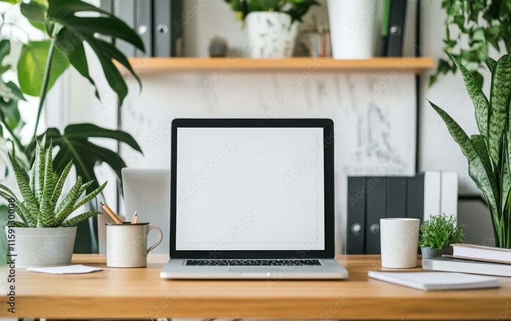 Wall mural Blank white poster framed in sleek black, displayed on a modern office desk with a laptop, notebook, and a coffee mug, set against a clean and minimalistic workspace 