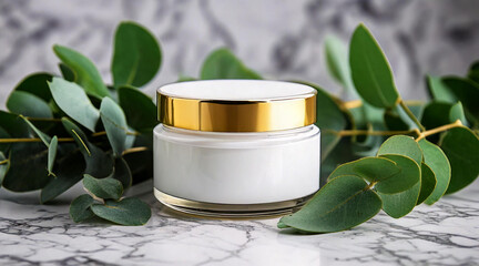 A mockup of a face cream jar, featuring luxurious gold accents, surrounded by eucalyptus leaves on a marble surface
