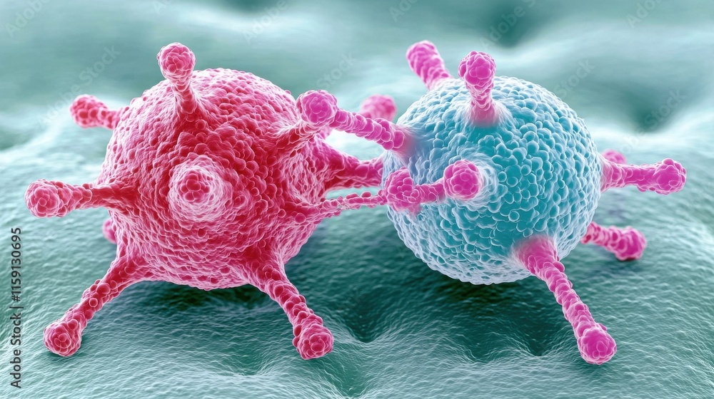Poster colorful depiction of two viruses interacting, showcasing their unique structures and features under