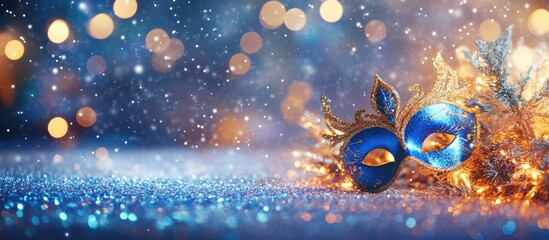 Naklejka premium Sparkling Blue Mask Surrounded by Glittering Lights and Soft Snowflakes, Perfect for Festive Celebrations or Holiday Themes
