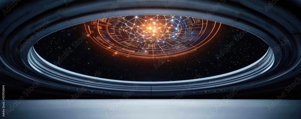 Poster futuristic library idea. futuristic view of a cosmic portal showcasing vibrant star patterns in deep
