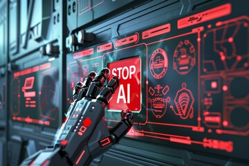 Futuristic robot hand stops ai interface