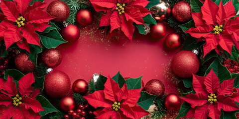 Festive Christmas Background Red Poinsettia Ornaments Glitter