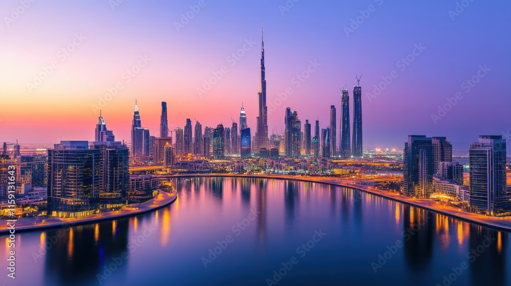Poster A dynamic composition of a city skyline at dusk with illuminated skyscrapers reflecting in a river, aerial shot, Urban style