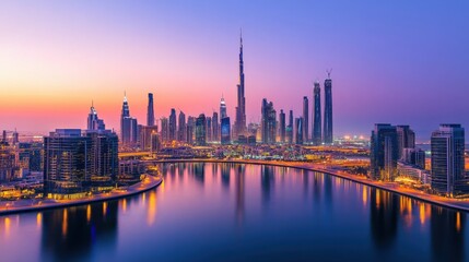 A dynamic composition of a city skyline at dusk with illuminated skyscrapers reflecting in a river, aerial shot, Urban style