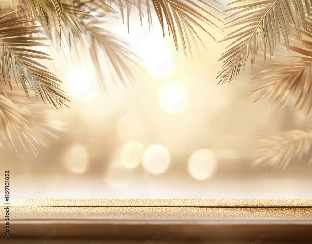 Poster stunning background image featuring soft palm leaves with a warm, golden glow and beautiful bokeh ef