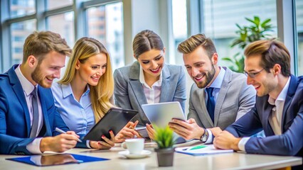 Fototapeta premium young business people meeting office teamwork group success corporate discussion tablet document 