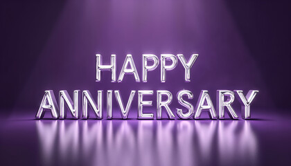 Obraz premium Happy Anniversary Celebration: Glowing Silver Lettering on Purple Background